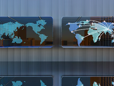Business Digital Display Screens Featuring World Map And Connection Lines On Metal Wall 3d model