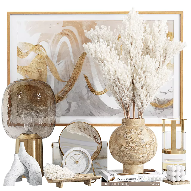 Modern Elegant Decorative Ornament Collection With Abstract Golden Painting Dried Flowers Glass Vase And Mirror 3d model 