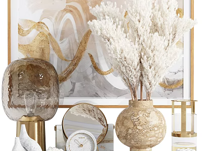 Modern Elegant Decorative Ornament Collection With Abstract Golden Painting Dried Flowers Glass Vase And Mirror 3d model