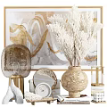 Modern Elegant Decorative Ornament Collection With Abstract Golden Painting Dried Flowers Glass Vase And Mirror