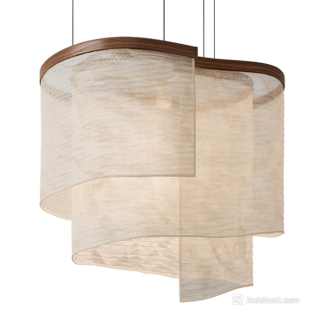 Elegant Wooden Frame Chandelier with Layered Beige Fabric Shades and Soft Texture 3d model 