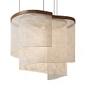 Elegant Wooden Frame Chandelier with Layered Beige Fabric Shades and Soft Texture