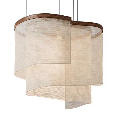 Elegant Wooden Frame Chandelier with Layered Beige Fabric Shades and Soft Texture 3d model