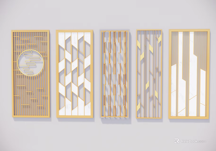 Modern Decorative Room Dividers With Golden Frames And Geometric Patterns 3d model