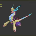 Game Movie Character With Purple Body Blue Horns Yellow Stripes Wearing Hat And Long Tail
