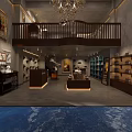 Specialty Store Interior With Wooden Balcony Chandelier Display Shelves Cases And Staircase