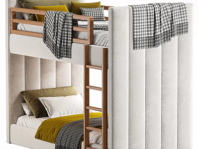 Modern Wooden Bunk Bed With Upholstered Headboard Checkered Blanket And Colorful Pillows 3d model