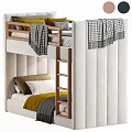 Modern Wooden Bunk Bed With Upholstered Headboard Checkered Blanket And Colorful Pillows
