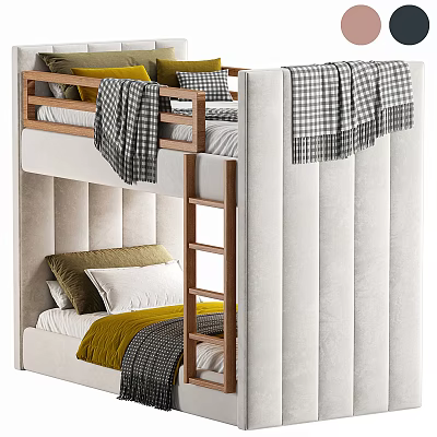 Modern Wooden Bunk Bed With Upholstered Headboard Checkered Blanket And Colorful Pillows 3d model