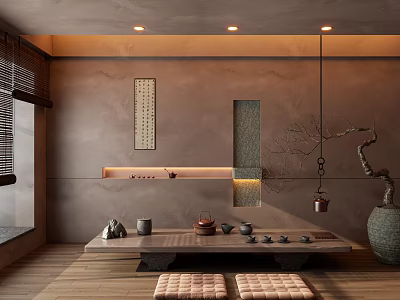 Zen Style Tea Room Interior With Long Wooden Table Tea Sets Calligraphy Scroll And Bonsai Tree 3d model