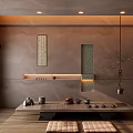 Zen Style Tea Room Interior With Long Wooden Table Tea Sets Calligraphy Scroll And Bonsai Tree