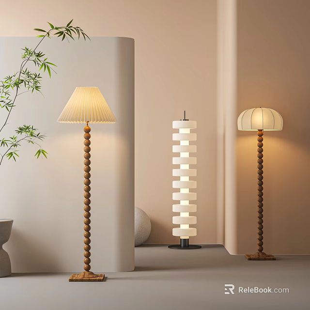 Modern Minimalist Floor Lamps With Wooden Spiral Pole Striped Shade And Cylindrical Light Design 3d model 