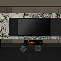 Modern Living Room With TV Wall Marble Texture Fireplace And Round Glass Coffee Table