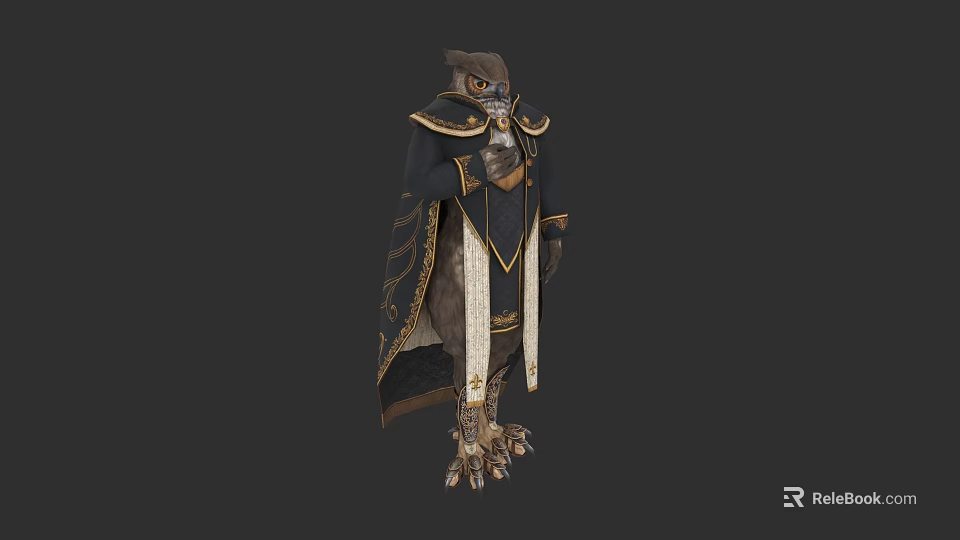 Owl Themed Armored Game Movie Character With Cloak And Golden Accents 3d model 