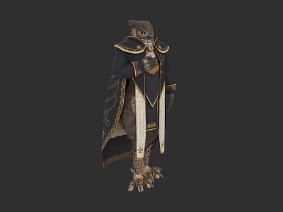 Owl Themed Armored Game Movie Character With Cloak And Golden Accents 3d model