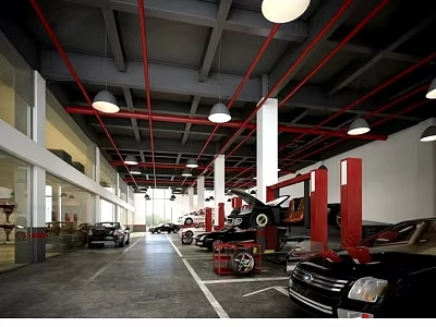 Parking Lot Featuring Red Pipes Hanging Lights Repair Equipment and Parked Cars on Gray Floor 3d model