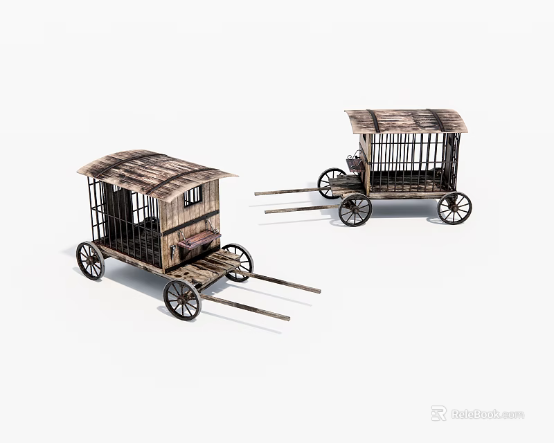 Two Wooden Carriages With Cage Like Bodies And Spoked Wheels And Wooden Roofs 3d model 