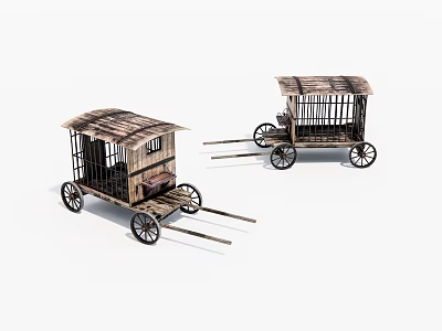 Two Wooden Carriages With Cage Like Bodies And Spoked Wheels And Wooden Roofs 3d model