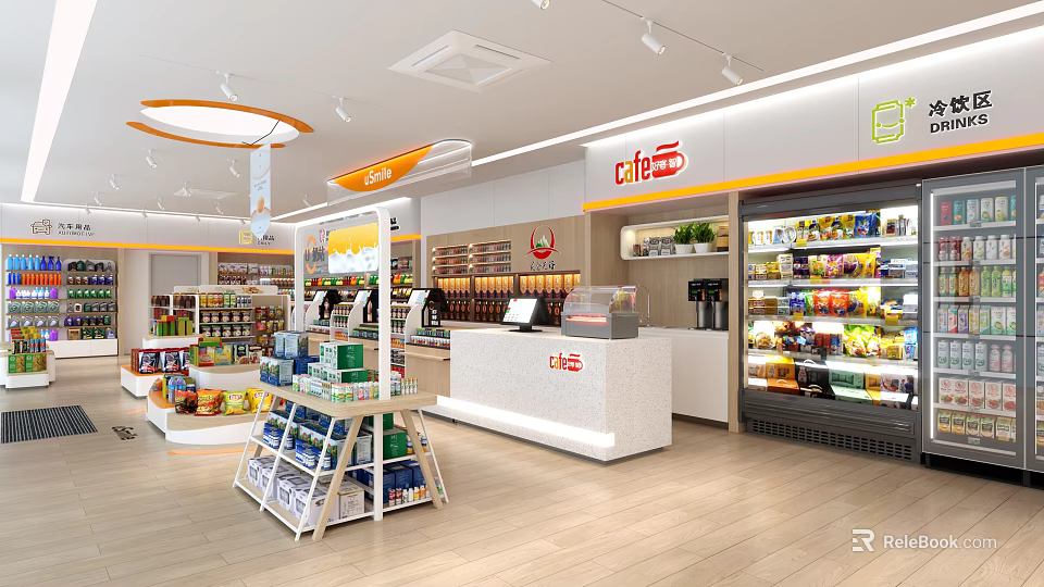 Cafe Specialty Store Interior With Shelves Freezers Cashier Counter And Products 3d model 
