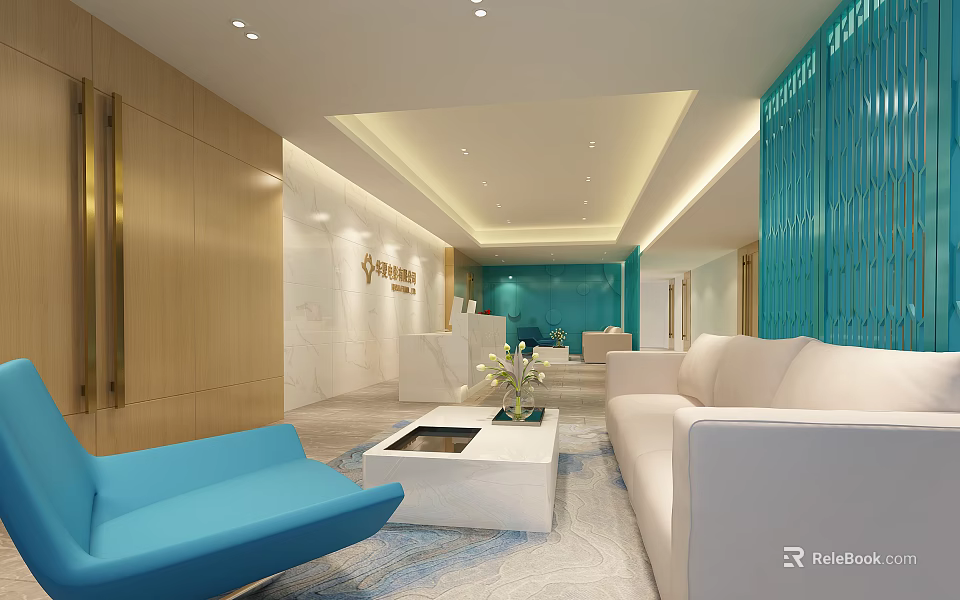 Modern Elegant Reception Area With Blue Sofa White Coffee Table Plant And Soft Lighting 3d model 