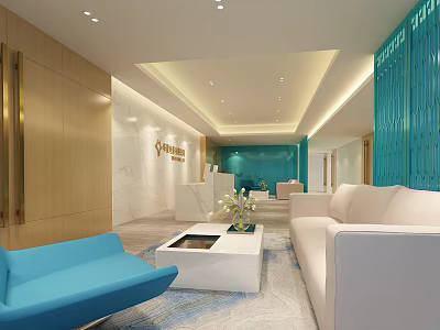 Modern Elegant Reception Area With Blue Sofa White Coffee Table Plant And Soft Lighting 3d model
