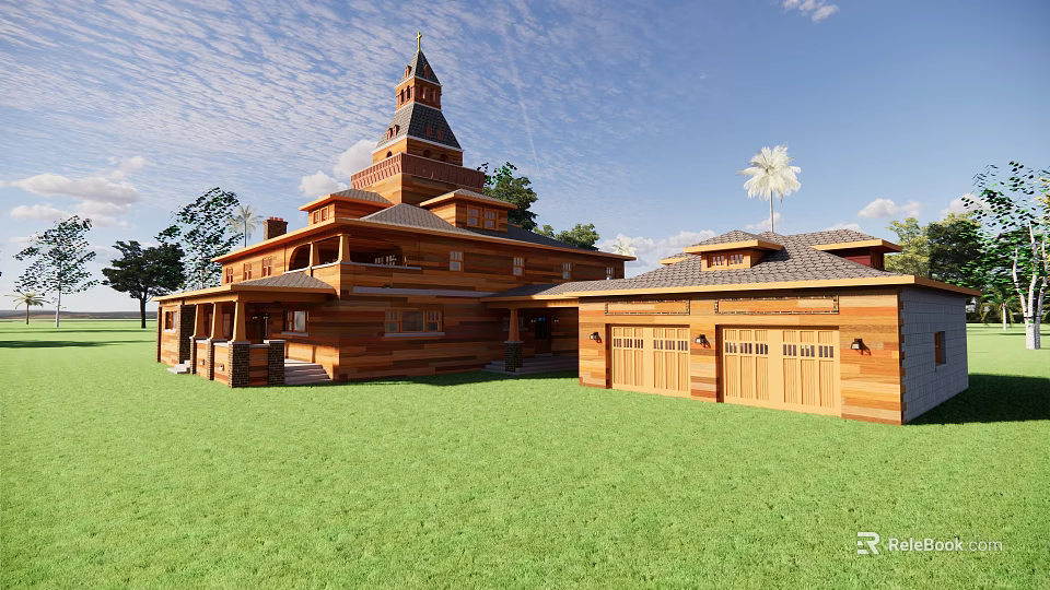 Ancient Wooden Architecture with Spire Tower Surrounded by Green Lawn and Trees Under Blue Sky 3d model 