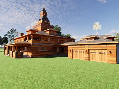 Ancient Wooden Architecture with Spire Tower Surrounded by Green Lawn and Trees Under Blue Sky 3d model