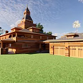 Ancient Wooden Architecture with Spire Tower Surrounded by Green Lawn and Trees Under Blue Sky
