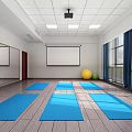 Bright Yoga Fitness Room With Blue Mats Wooden Floor Projection Screen And Balls
