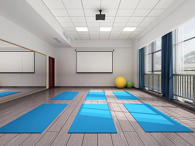 Bright Yoga Fitness Room With Blue Mats Wooden Floor Projection Screen And Balls 3d model