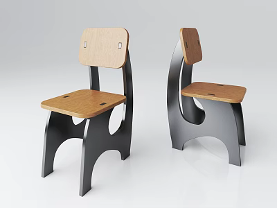 Modern Single Chair With Wooden Seat Backrest And Black Metal Frame Design 3d model
