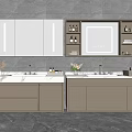 Modern Bathroom Vanity with Double Sink Marble Countertop Beige Cabinets Backlit Mirror Gray Walls Toiletries