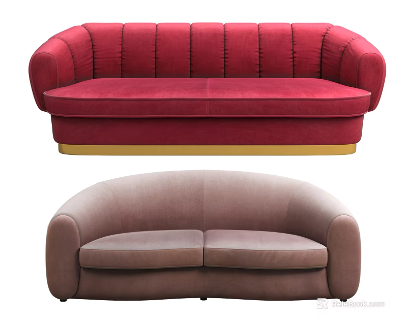Red Tufted And Gray Smooth Sofa Set With Modern Design And Gold Base 3d model