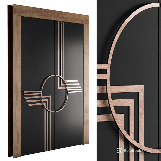 Modern Hinged Door Design With Black Panel And Wooden Geometric Accents 3d model 