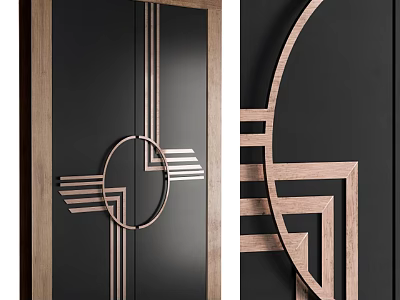 Modern Hinged Door Design With Black Panel And Wooden Geometric Accents 3d model