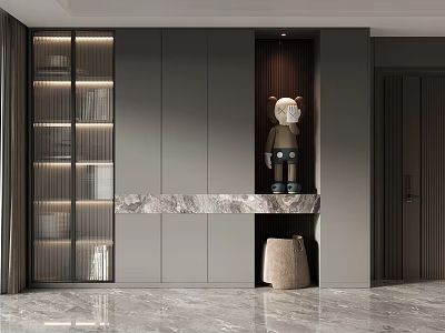 Modern Shoe Cabinet Interior With Marble Countertop Glass Door Shelves And Sculpture 3d model