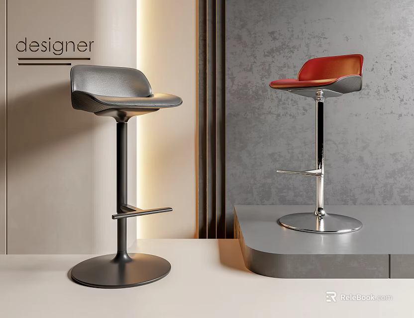 Modern Stylish Bar Stools With Gray And Red Seats And Sleek Metal Bases 3d model