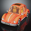 Orange Cartoon Style Beetle Car with White Stripe Yellow Seats on Black Background with Reflection