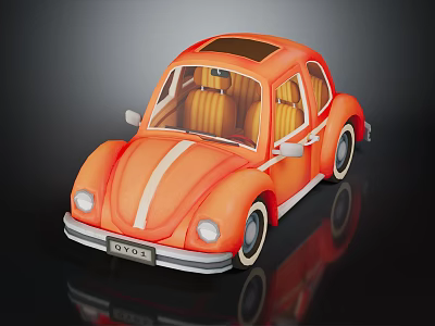 Orange Cartoon Style Beetle Car with White Stripe Yellow Seats on Black Background with Reflection 3d model