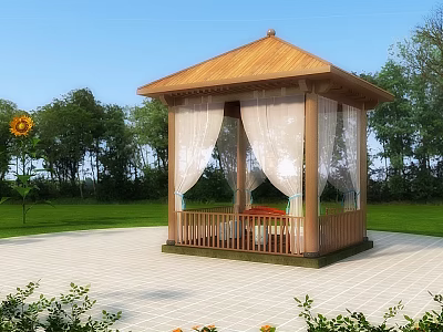 Wooden Gazebo With White Curtains On Paved Square Surrounded By Green Lawn And Trees 3d model