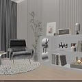 Modern Lounge Chair in Living Room with Window Curtains Green Plant Bookshelf and Round Rug
