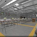 Modern Restaurant Interior With Exposed Ceiling Metal Tables Yellow Floor Lines And Green Plants