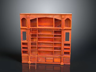 Classic Wooden Bookcase With Arched Side Panels Multiple Shelves And Ladder 3d model