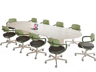 Oval Wooden Conference Table With Green Backrest Wheeled Chairs And Laptop 3d model