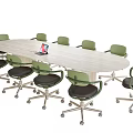 Oval Wooden Conference Table With Green Backrest Wheeled Chairs And Laptop