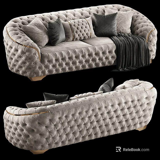 Light Gray Tufted Two Seater Sofa With Decorative Pillows And Throw Blanket 3d model 