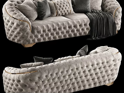Light Gray Tufted Two Seater Sofa With Decorative Pillows And Throw Blanket 3d model