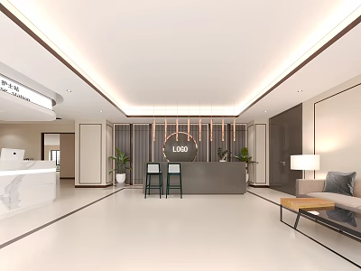 Modern Front Desk Reception Area With Marble Counter Lighting And Green Plants 3d model