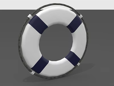 Decorative Lifebuoy Shaped Wall Decor with White and Navy Blue Design and Black Rim 3d model