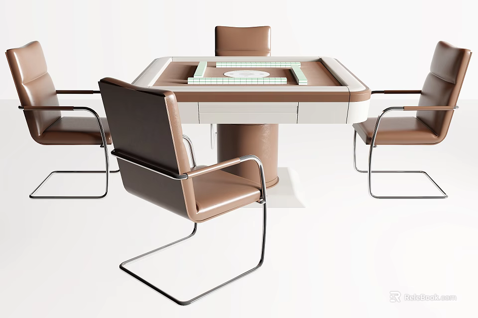 Stylish Brown Game Table Surrounded By Leather Chairs With Metal Legs 3d model 